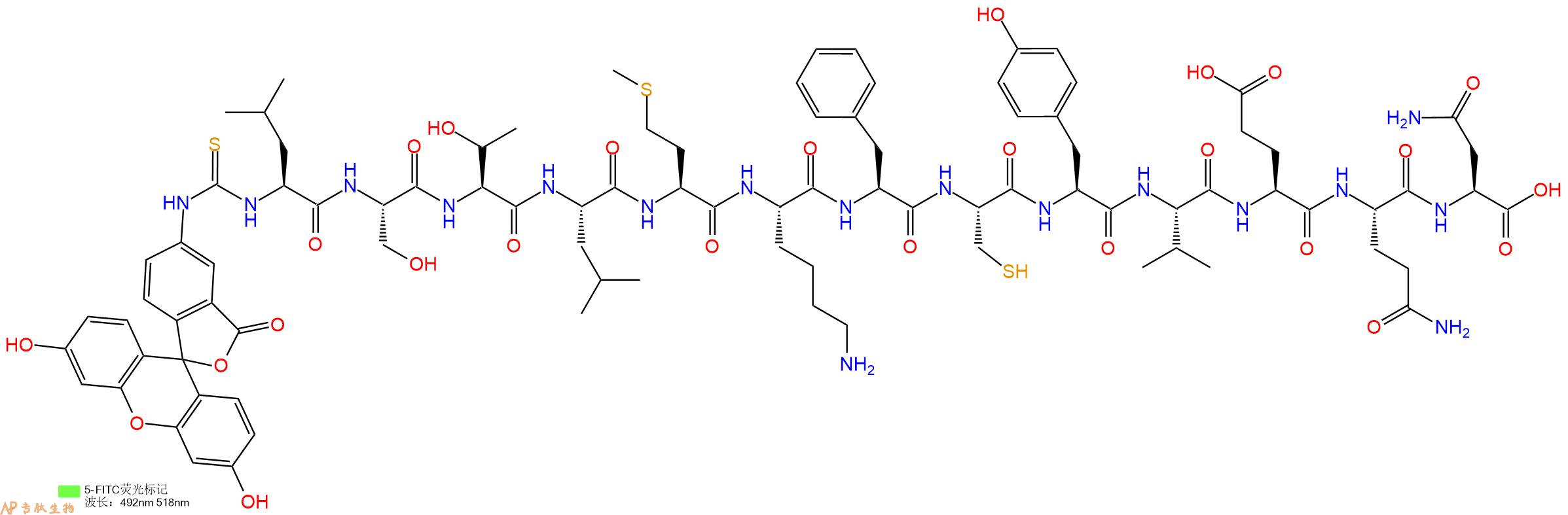 专肽生物产品5FITC-Leu-Ser-Thr-Leu-Met-Lys-Phe-Cys-Tyr-Val-Glu-Gln-Asn-OH