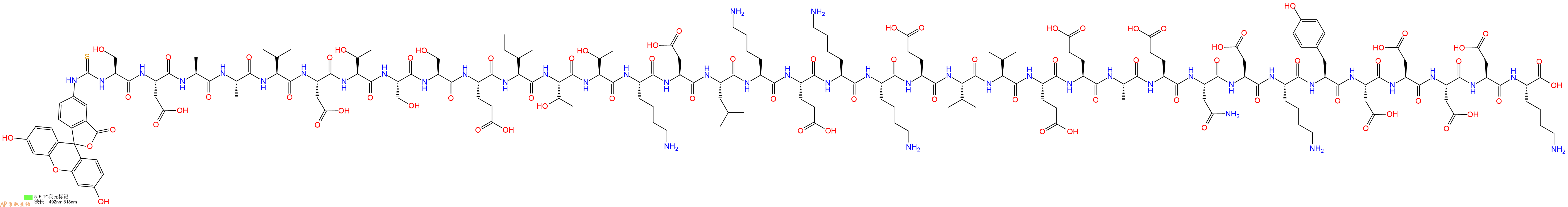 专肽生物产品5FITC-Ser-Asp-Ala-Ala-Val-Asp-Thr-Ser-Ser-Glu-Ile-Thr-Thr-Lys-Asp-Leu-Lys-Glu-Lys-Lys-Glu-Val-Val-Glu-Glu-Ala-Glu-Asn-Asp-Lys-Tyr-Asp-Asp-Asp-Asp-Lys-OH