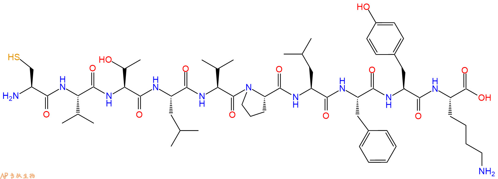 专肽生物产品H2N-Cys-Val-Thr-Leu-Val-Pro-Leu-Phe-Tyr-Lys-OH
