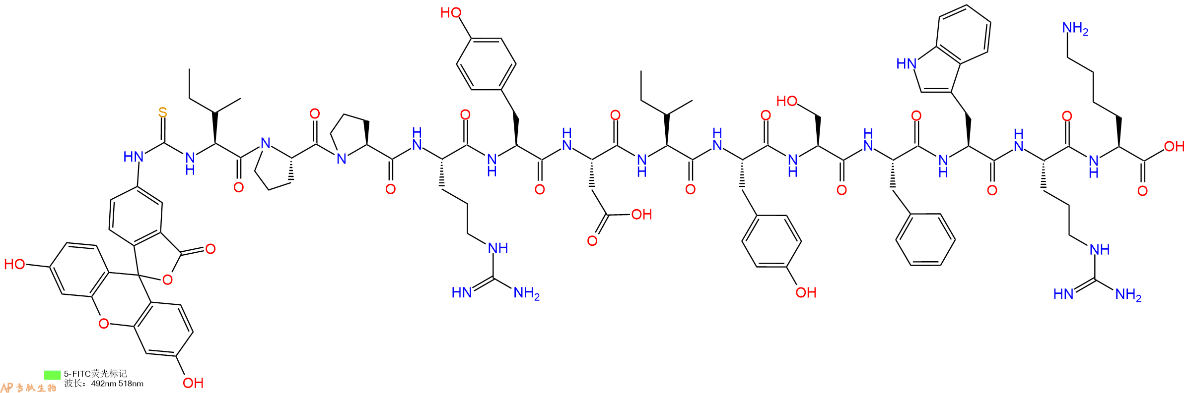 专肽生物产品5FITC-Ile-Pro-Pro-Arg-Tyr-Asp-Ile-Tyr-Ser-Phe-Trp-Arg-Lys-OH