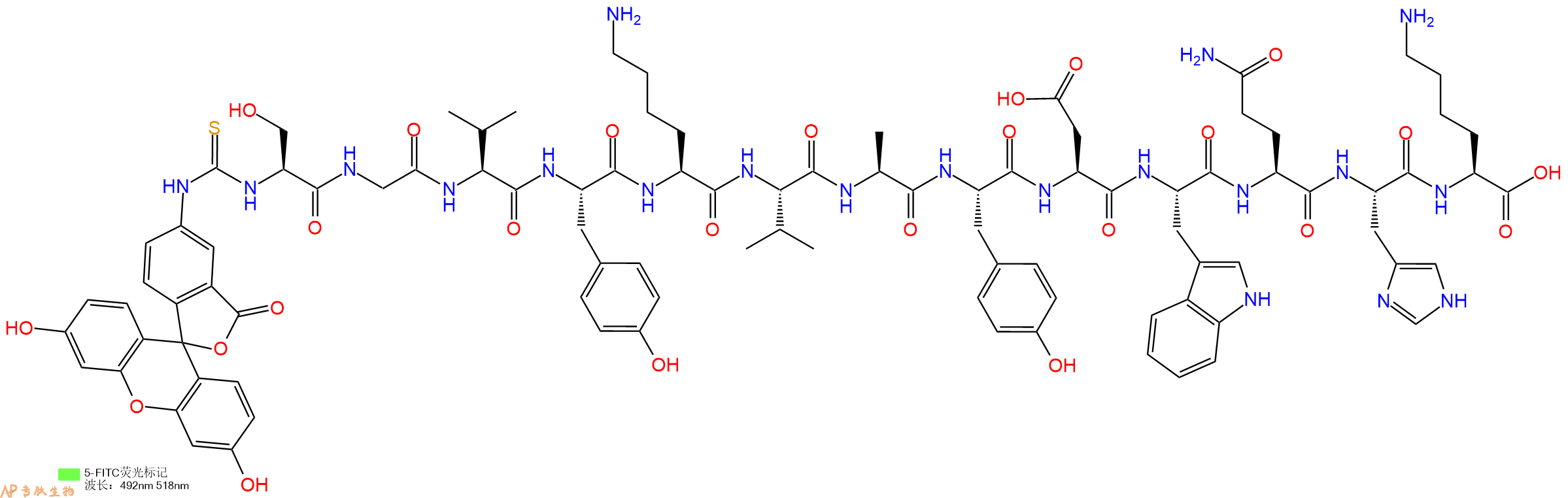 专肽生物产品5FITC-Ser-Gly-Val-Tyr-Lys-Val-Ala-Tyr-Asp-Trp-Gln-His-Lys-OH