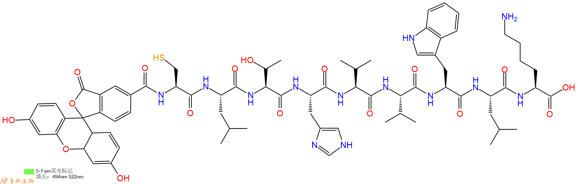 专肽生物产品5FAM-Cys-Leu-Thr-His-Val-Val-Trp-Leu-Lys-OH