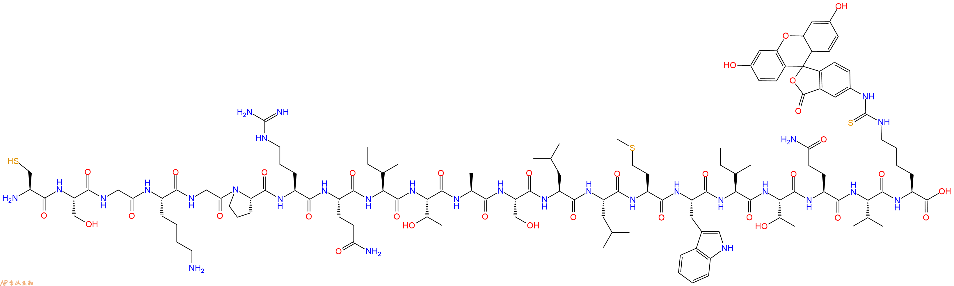 专肽生物产品H2N-Cys-Ser-Gly-Lys-Gly-Pro-Arg-Gln-Ile-Thr-Ala-Ser-Leu-Leu-Met-Trp-Ile-Thr-Gln-Val-Lys(FITC)-OH
