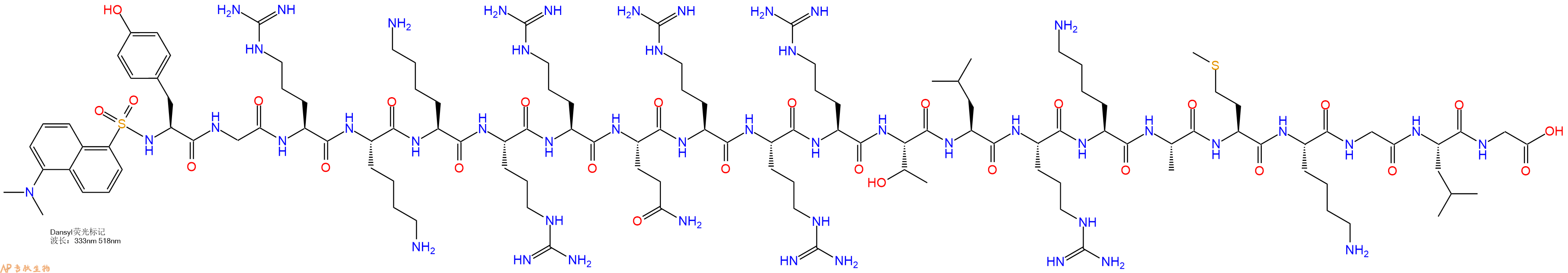 专肽生物产品Dansyl-Tyr-Gly-Arg-Lys-Lys-Arg-Arg-Gln-Arg-Arg-Arg-Thr-Leu-Arg-Lys-Ala-Met-Lys-Gly-Leu-Gly-OH