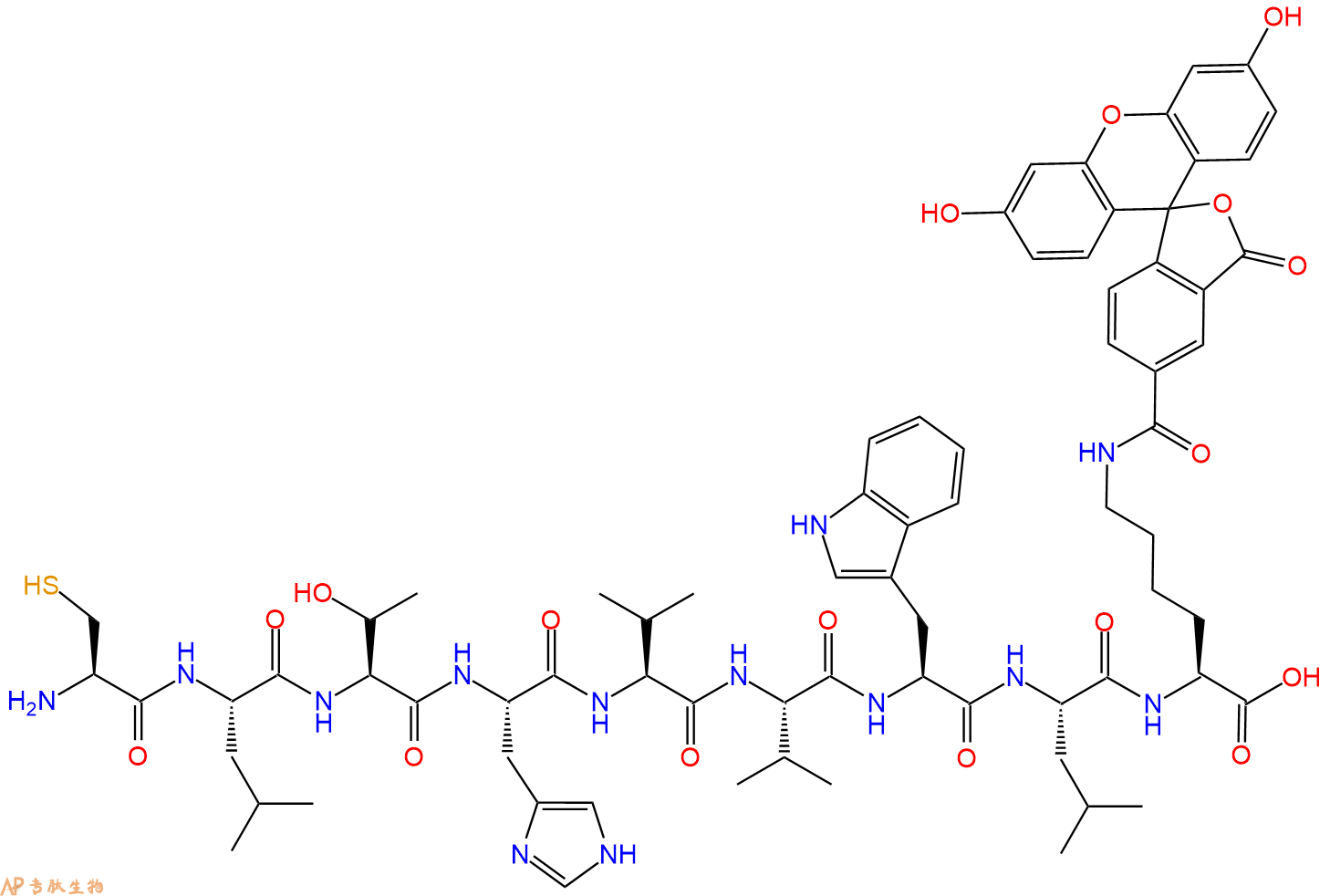 专肽生物产品H2N-Cys-Leu-Thr-His-Val-Val-Trp-Leu-Lys(5FAM)-OH