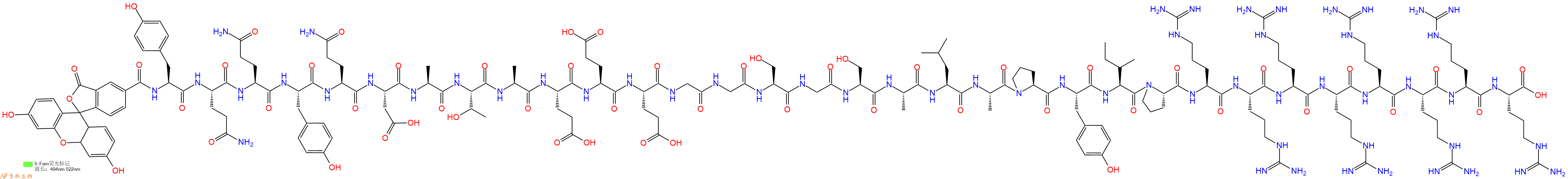 专肽生物产品5FAM-Tyr-Gln-Gln-Tyr-Gln-Asp-Ala-Thr-Ala-Glu-Glu-Glu-Gly-Gly-Ser-Gly-Ser-Ala-Leu-Ala-Pro-Tyr-Ile-Pro-Arg-Arg-Arg-Arg-Arg-Arg-Arg-Arg-OH