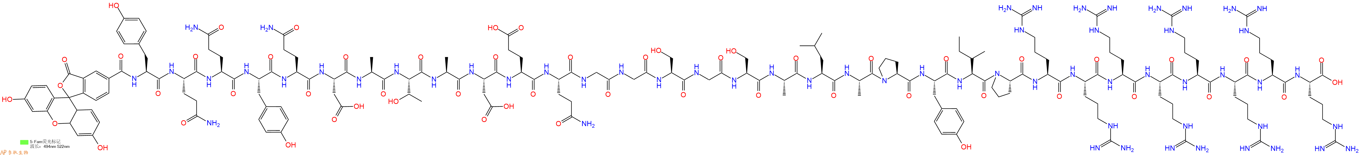 专肽生物产品5FAM-Tyr-Gln-Gln-Tyr-Gln-Asp-Ala-Thr-Ala-Asp-Glu-Gln-Gly-Gly-Ser-Gly-Ser-Ala-Leu-Ala-Pro-Tyr-Ile-Pro-Arg-Arg-Arg-Arg-Arg-Arg-Arg-Arg-OH