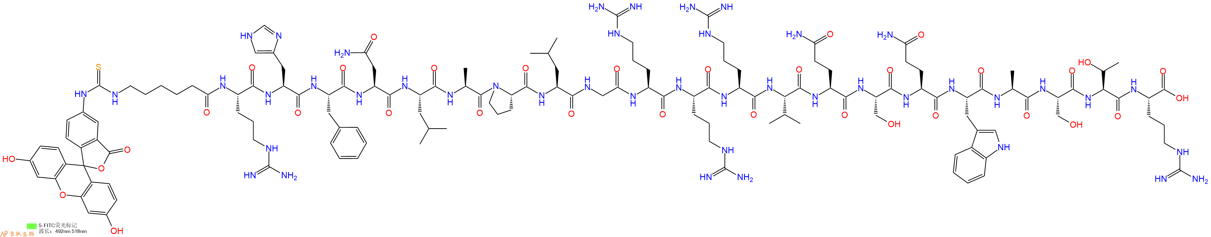 专肽生物产品5FITC-Ahx-Arg-His-Phe-Asn-Leu-Ala-Pro-Leu-Gly-Arg-Arg-Arg-Val-Gln-Ser-Gln-Trp-Ala-Ser-Thr-Arg-OH