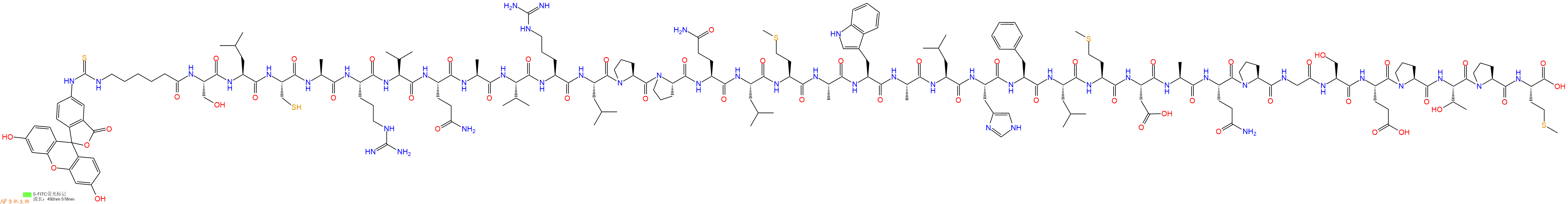 专肽生物产品5FITC-Ahx-Ser-Leu-Cys-Ala-Arg-Val-Gln-Ala-Val-Arg-Leu-Pro-Pro-Gln-Leu-Met-Ala-Trp-Ala-Leu-His-Phe-Leu-Met-Asp-Ala-Gln-Pro-Gly-Ser-Glu-Pro-Thr-Pro-Met-OH