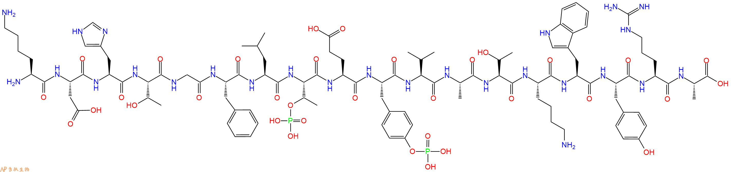 专肽生物产品H2N-Lys-Asp-His-Thr-Gly-Phe-Leu-pThr-Glu-Tyr(PO3H2)-Val-Ala-Thr-Lys-Trp-Tyr-Arg-Ala-OH