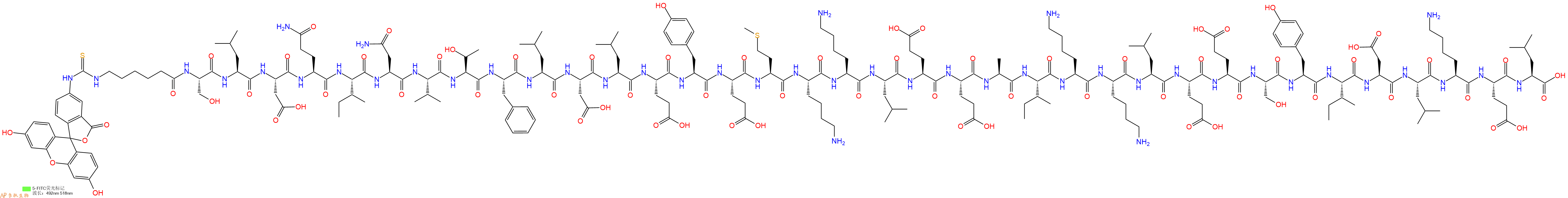 专肽生物产品5FITC-Ahx-Ser-Leu-Asp-Gln-Ile-Asn-Val-Thr-Phe-Leu-Asp-Leu-Glu-Tyr-Glu-Met-Lys-Lys-Leu-Glu-Glu-Ala-Ile-Lys-Lys-Leu-Glu-Glu-Ser-Tyr-Ile-Asp-Leu-Lys-Glu-Leu-OH