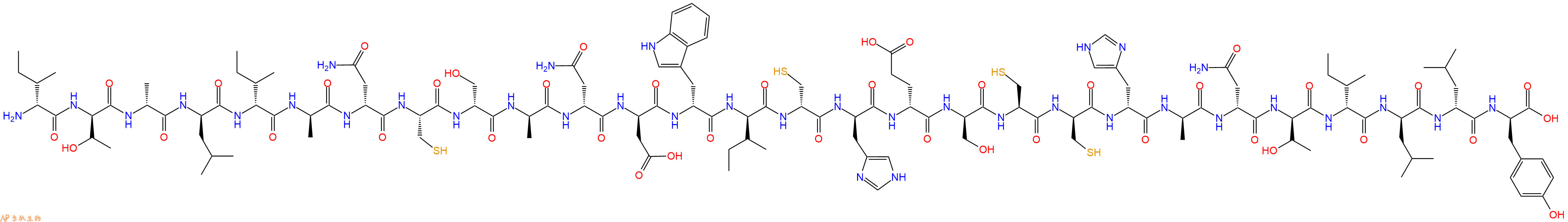 专肽生物产品H2N-DIle-DThr-DAla-DLeu-DIle-DAla-DAsn-Cys-DSer-DAla-DAsn-DAsp-DTrp-DIle-DCys-DHis-DGlu-DSer-Cys-DCys-DHis-DAla-DAsn-DThr-DIle-DLeu-DLeu-DTyr-OH