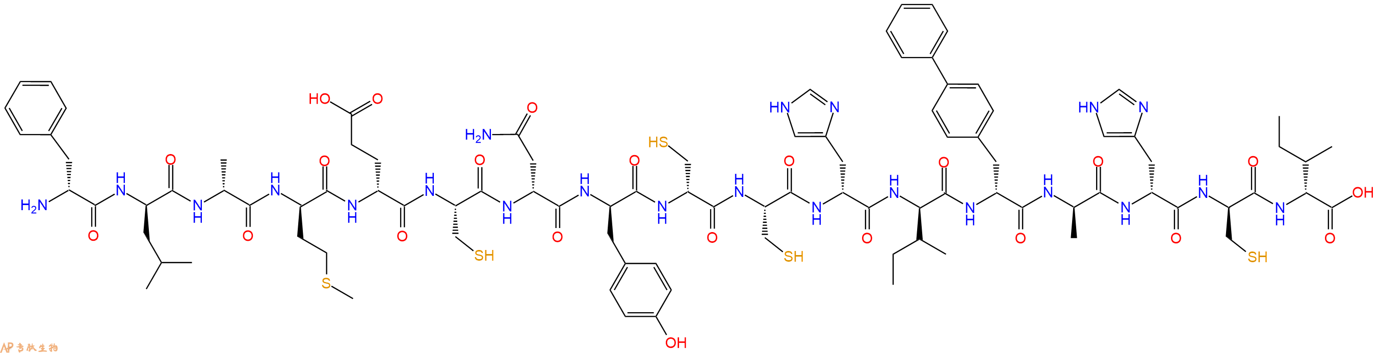 专肽生物产品H2N-DPhe-DLeu-DAla-DMet-DGlu-Cys-DAsn-DTyr-DCys-Cys-DHis-DIle-DBip-DAla-DHis-DCys-DIle-OH