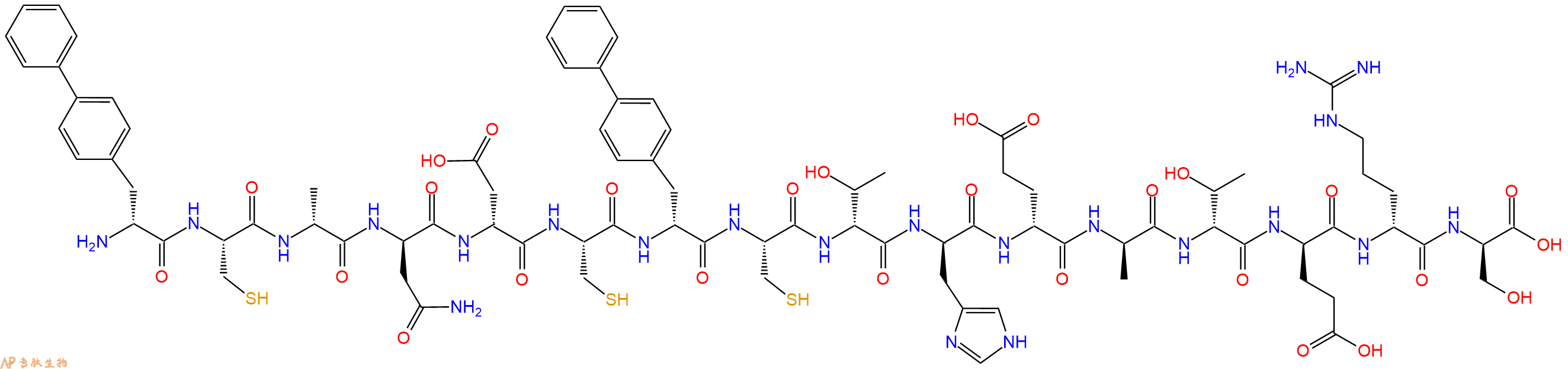 专肽生物产品H2N-DBip-Cys-DAla-DAsn-DAsp-Cys-DBip-Cys-DThr-DHis-DGlu-DAla-DThr-DGlu-DArg-DSer-OH