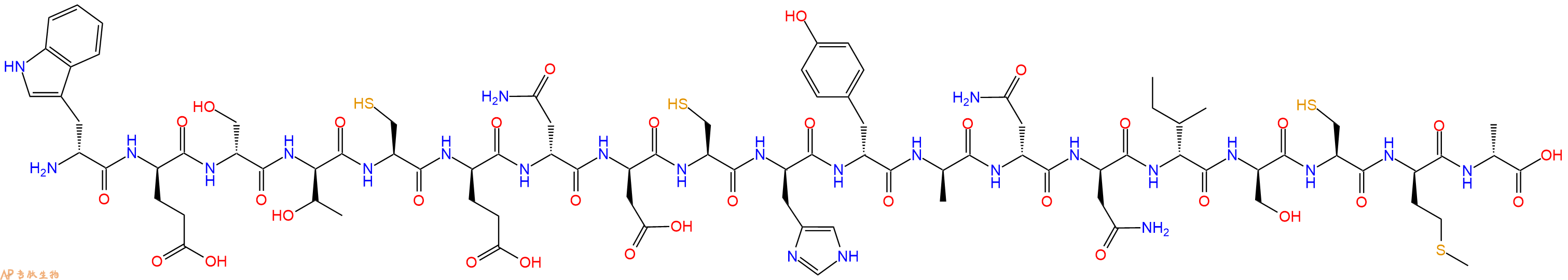 专肽生物产品H2N-DTrp-DGlu-DSer-DThr-Cys-DGlu-DAsn-DAsp-Cys-DHis-DTyr-DAla-DAsn-DAsn-DIle-DSer-Cys-DMet-DAla-OH