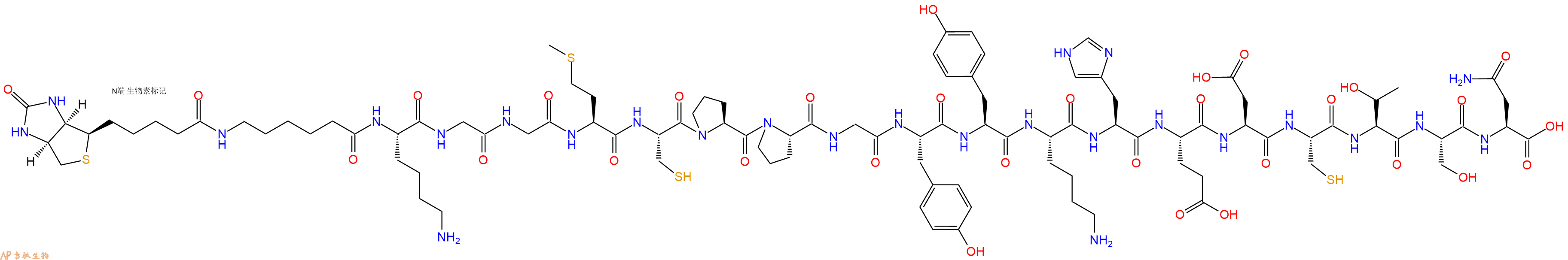 专肽生物产品Biotinyl-Ahx-Lys-Gly-Gly-Met-Cys-Pro-Pro-Gly-Tyr-Tyr-Lys-His-Glu-Asp-Cys-Thr-Ser-Asn-OH