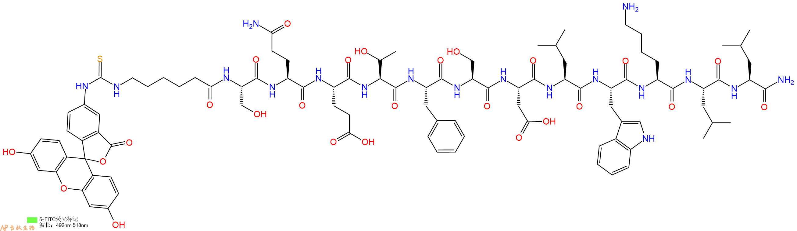 专肽生物产品5FITC-Ahx-Ser-Gln-Glu-Thr-Phe-Ser-Asp-Leu-Trp-Lys-Leu-Leu-CONH2