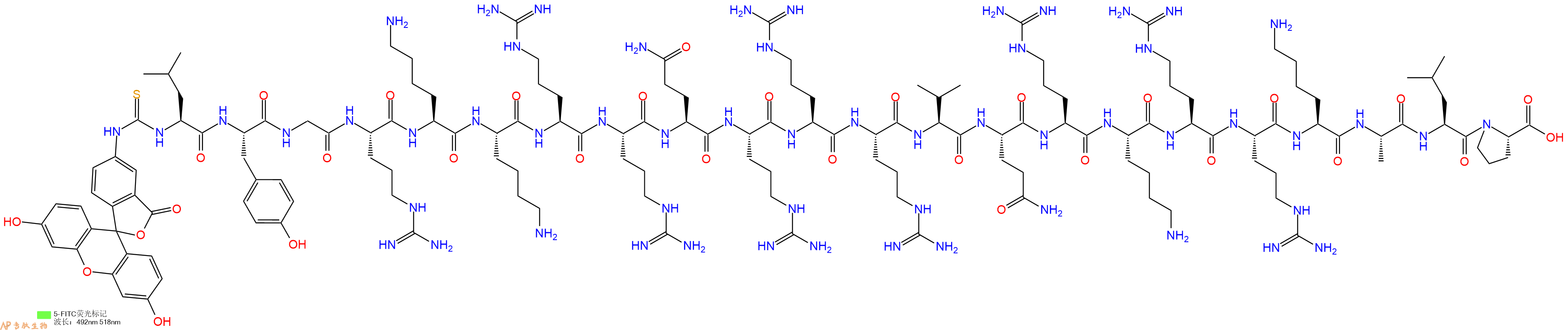 专肽生物产品5FITC-Leu-Tyr-Gly-Arg-Lys-Lys-Arg-Arg-Gln-Arg-Arg-Arg-Val-Gln-Arg-Lys-Arg-Arg-Lys-Ala-Leu-Pro-OH