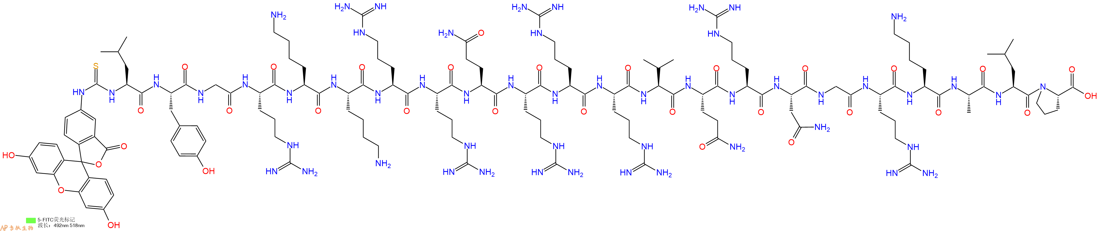 专肽生物产品5FITC-Leu-Tyr-Gly-Arg-Lys-Lys-Arg-Arg-Gln-Arg-Arg-Arg-Val-Gln-Arg-Asn-Gly-Arg-Lys-Ala-Leu-Pro-OH