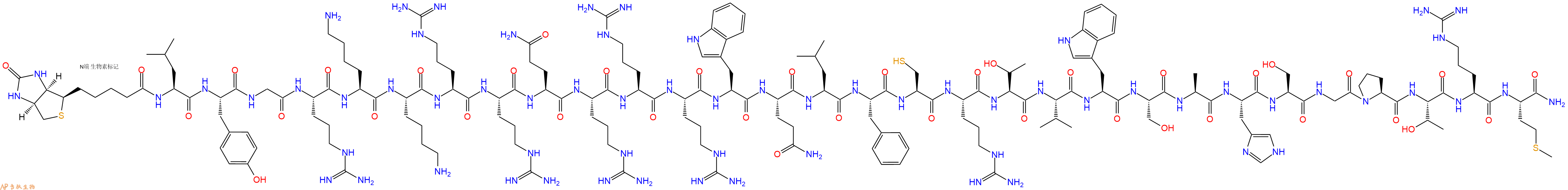 专肽生物产品Biotinyl-Leu-Tyr-Gly-Arg-Lys-Lys-Arg-Arg-Gln-Arg-Arg-Arg-Trp-Gln-Leu-Phe-Cys-Arg-Thr-Val-Trp-Ser-Ala-His-Ser-Gly-Pro-Thr-Arg-Met-CONH2