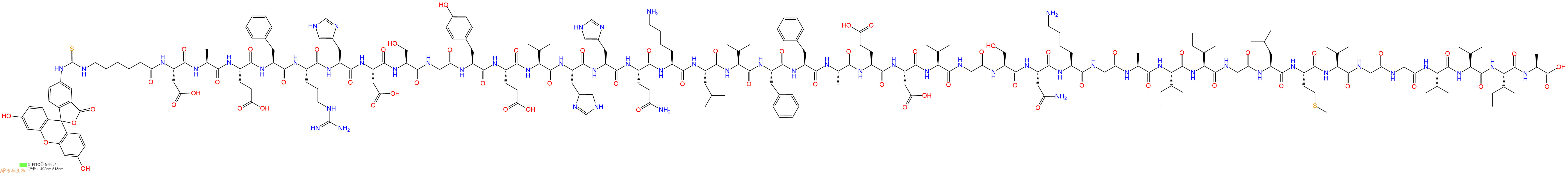 专肽生物产品5FITC-Ahx-Asp-Ala-Glu-Phe-Arg-His-Asp-Ser-Gly-Tyr-Glu-Val-His-His-Gln-Lys-Leu-Val-Phe-Phe-Ala-Glu-Asp-Val-Gly-Ser-Asn-Lys-Gly-Ala-Ile-Ile-Gly-Leu-Met-Val-Gly-Gly-Val-Val-Ile-Ala-OH