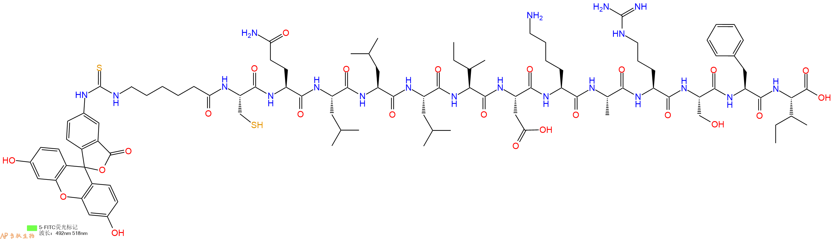 专肽生物产品5FITC-Ahx-Cys-Gln-Leu-Leu-Leu-Ile-Asp-Lys-Ala-Arg-Ser-Phe-Ile-OH