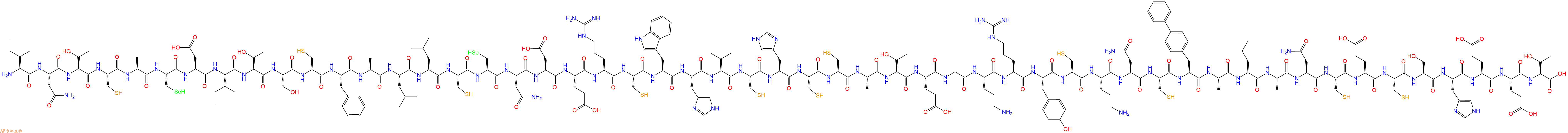 专肽生物产品H2N-Ile-Asn-Thr-Cys-Ala-Sec-Asp-Ile-Thr-Ser-Cys-Phe-Ala-Leu-Leu-Cys-Sec-Asn-Asp-Glu-Arg-Cys-Trp-His-Ile-Cys-His-Cys-Cys-Ala-Thr-Glu-Gly-Orn-Arg-Tyr-Cys-Orn-Asn-Cys-Bip-Ala-Leu-Ala-Asn-Cys-Glu-Cys-Ser-His-Glu-Glu-Thr-OH