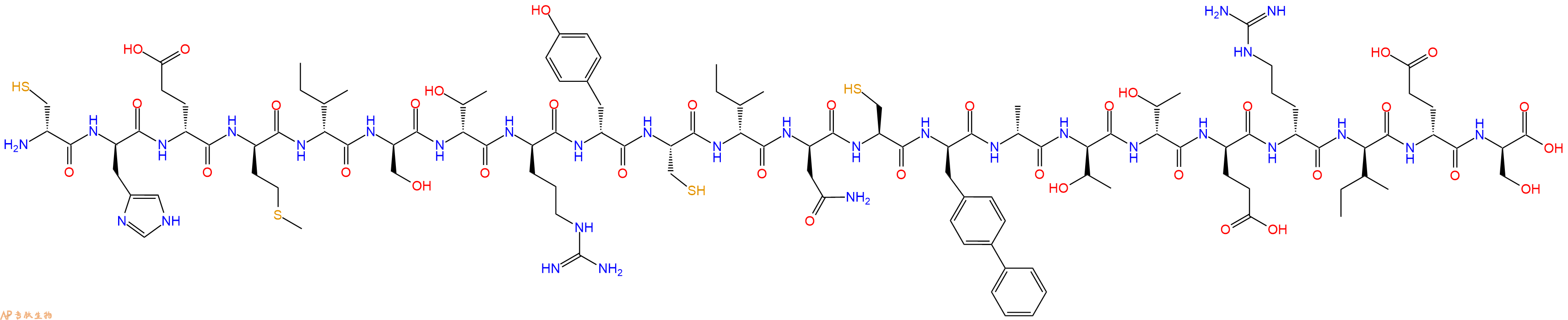 专肽生物产品H2N-DCys-DHis-DGlu-DMet-DIle-DSer-DThr-DArg-DTyr-Cys-DIle-DAsn-Cys-DBip-DAla-DThr-DThr-DGlu-DArg-DIle-DGlu-DSer-OH