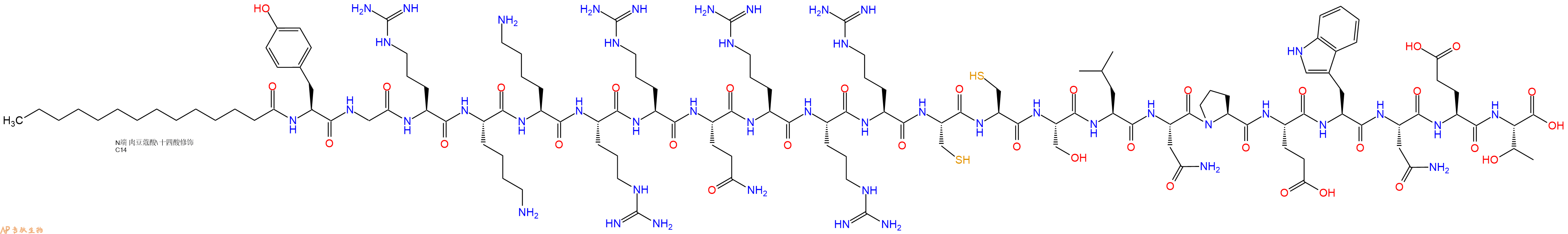专肽生物产品Myristicacid-Tyr-Gly-Arg-Lys-Lys-Arg-Arg-Gln-Arg-Arg-Arg-Cys-Cys-Ser-Leu-Asn-Pro-Glu-Trp-Asn-Glu-Thr-OH