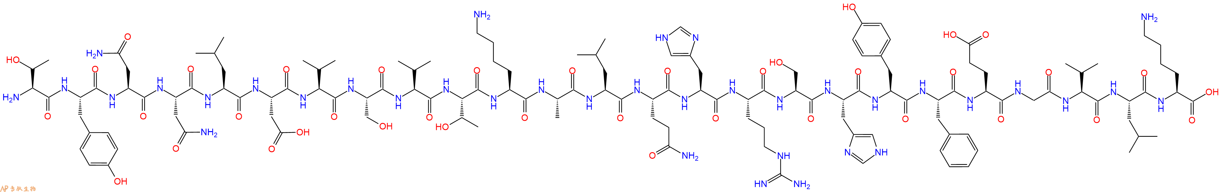 专肽生物产品H2N-Thr-Tyr-Asn-Asn-Leu-Asp-Val-Ser-Val-Thr-Lys-Ala-Leu-Gln-His-Arg-Ser-His-Tyr-Phe-Glu-Gly-Val-Leu-Lys-OH