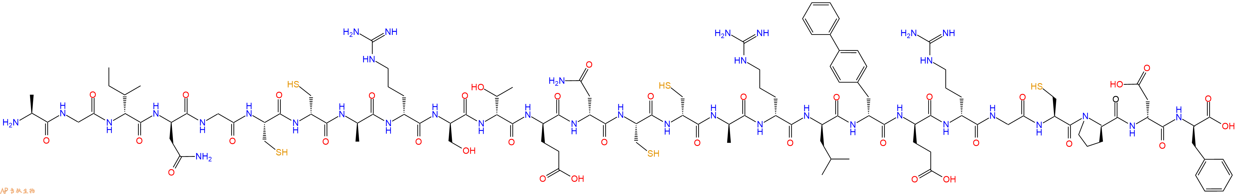 专肽生物产品H2N-Ala-Gly-DIle-DAsn-Gly-Cys-DCys-DAla-DArg-DSer-DThr-DGlu-DAsn-Cys-DCys-DAla-DArg-DLeu-DBip-DGlu-DArg-Gly-Cys-DPro-DAsp-DPhe-OH