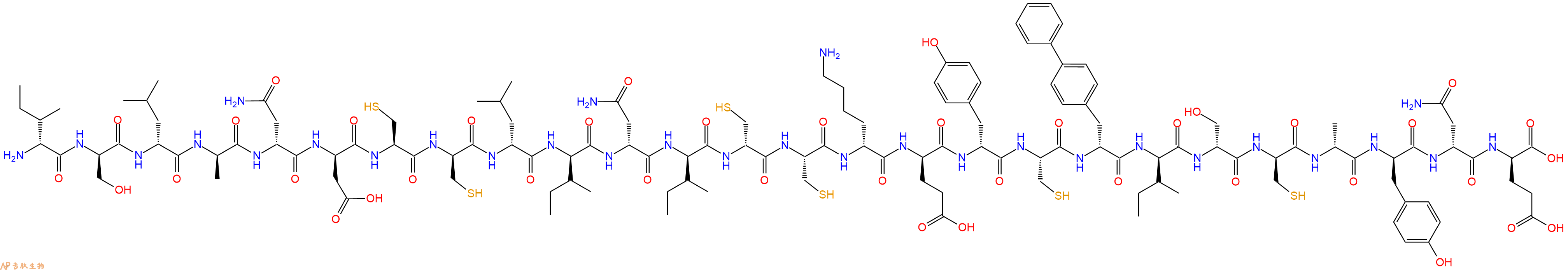 专肽生物产品H2N-DIle-DSer-DLeu-DAla-DAsn-DAsp-Cys-DCys-DLeu-DIle-DAsn-DIle-DCys-Cys-DLys-DGlu-DTyr-Cys-DBip-DIle-DSer-DCys-DAla-DTyr-DAsn-DGlu-OH