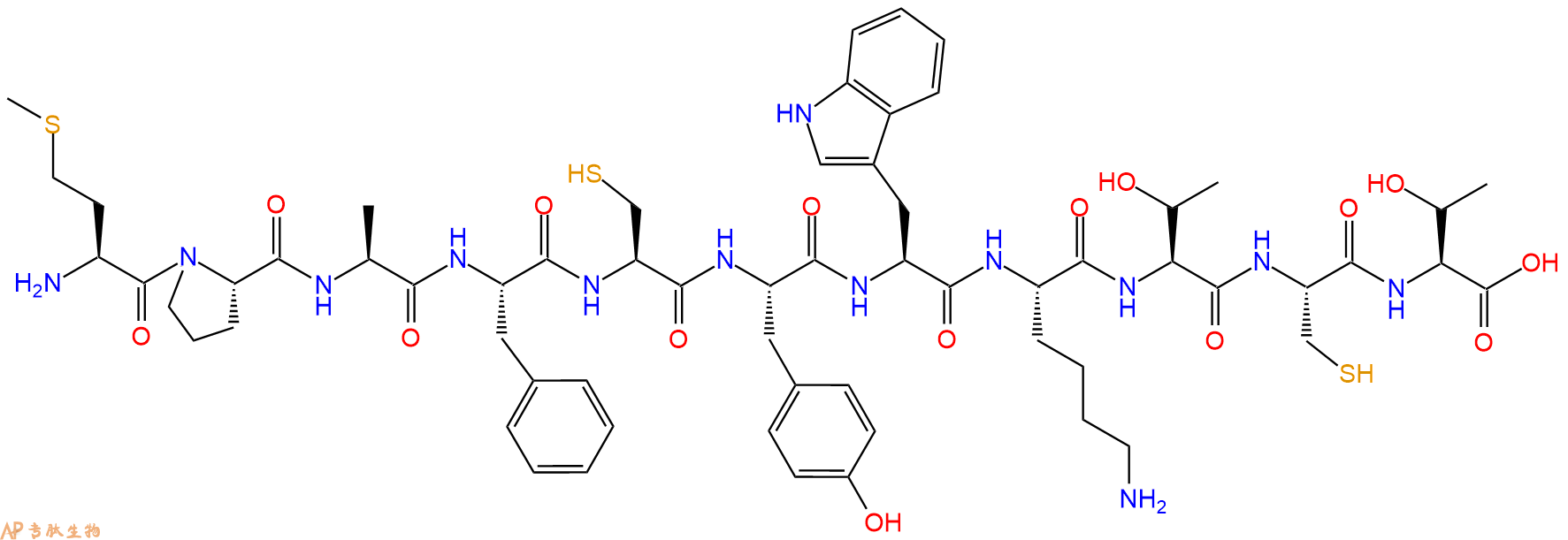 专肽生物产品H2N-Met-Pro-Ala-Phe-Cys-Tyr-Trp-Lys-Thr-Cys-Thr-OH