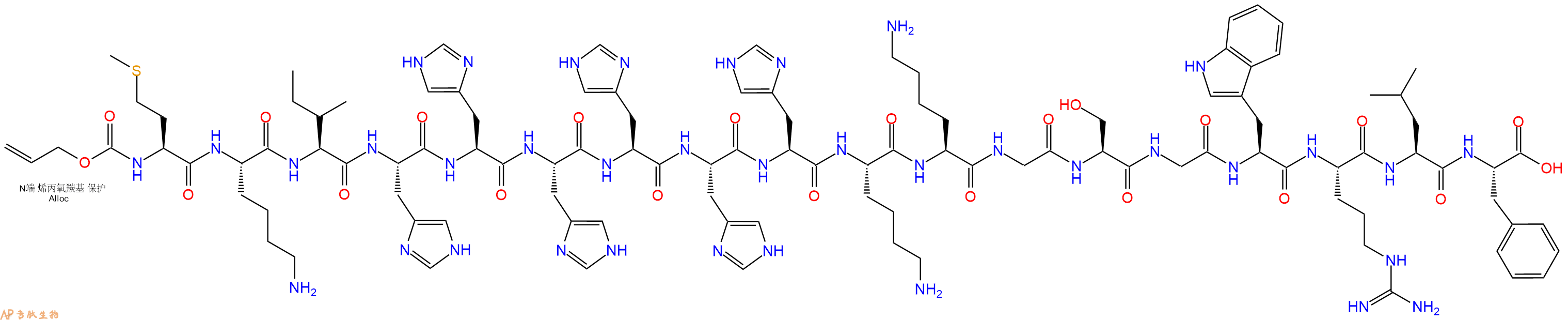 专肽生物产品Alloc-Met-Lys-Ile-His-His-His-His-His-His-Lys-Lys-Gly-Ser-Gly-Trp-Arg-Leu-Phe-OH