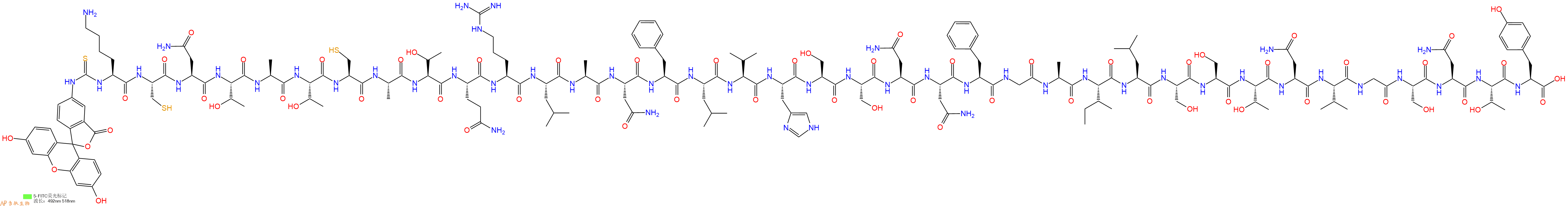 专肽生物产品5FITC-Lys-Cys-Asn-Thr-Ala-Thr-Cys-Ala-Thr-Gln-Arg-Leu-Ala-Asn-Phe-Leu-Val-His-Ser-Ser-Asn-Asn-Phe-Gly-Ala-Ile-Leu-Ser-Ser-Thr-Asn-Val-Gly-Ser-Asn-Thr-Tyr-OH
