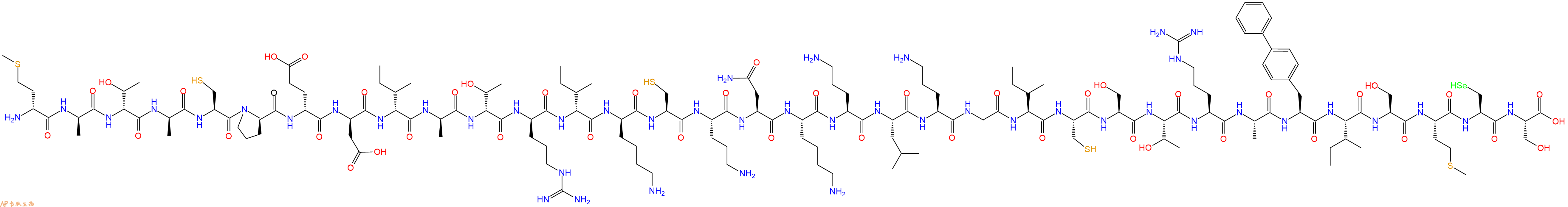 专肽生物产品H2N-DMet-DAla-DThr-DAla-Cys-DPro-DGlu-DAsp-DIle-DAla-DThr-DArg-DIle-DLys-Cys-Orn-Asn-Lys-Orn-Leu-Orn-Gly-Ile-Cys-Ser-Thr-Arg-Ala-Bip-Ile-Ser-Met-Sec-Ser-OH