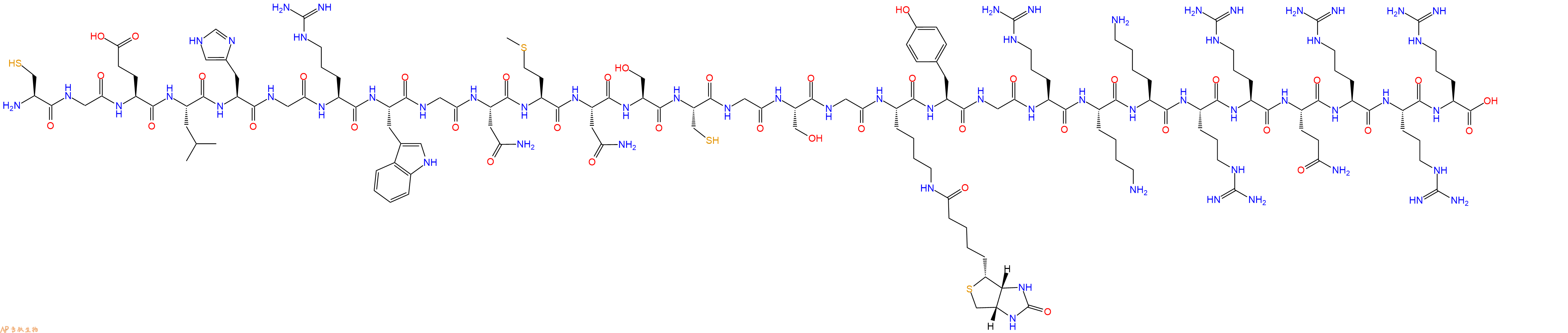 专肽生物产品H2N-Cys-Gly-Glu-Leu-His-Gly-Arg-Trp-Gly-Asn-Met-Asn-Ser-Cys-Gly-Ser-Gly-Lys(Biotin)-Tyr-Gly-Arg-Lys-Lys-Arg-Arg-Gln-Arg-Arg-Arg-OH