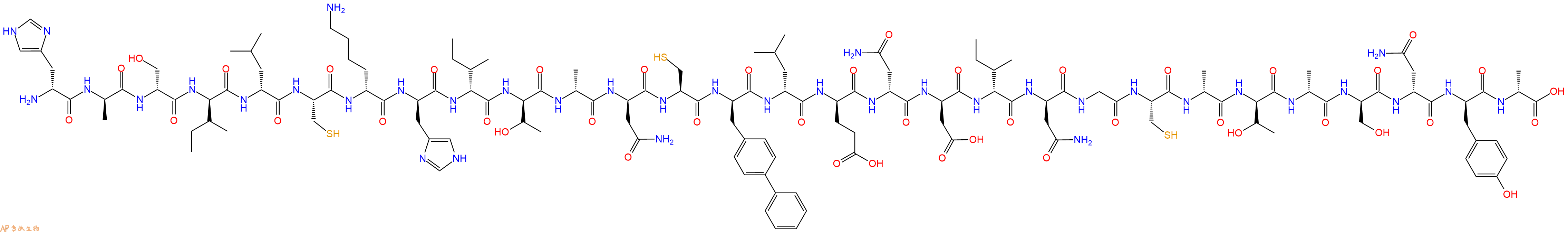 专肽生物产品H2N-DHis-DAla-DSer-DIle-DLeu-Cys-DLys-DHis-DIle-DThr-DAla-DAsn-Cys-DBip-DLeu-DGlu-DAsn-DAsp-DIle-DAsn-Gly-Cys-DAla-DThr-DAla-DSer-DAsn-DTyr-DAla-OH