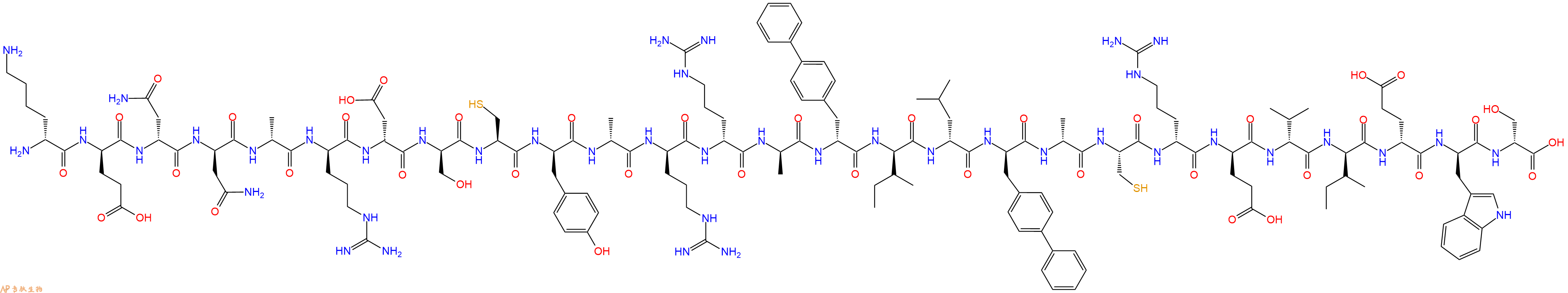 专肽生物产品H2N-DLys-DGlu-DAsn-DAsn-DAla-DArg-DAsp-DSer-Cys-DTyr-DAla-DArg-DArg-DAla-DBip-DIle-DLeu-DBip-DAla-Cys-DArg-DGlu-DVal-DIle-DGlu-DTrp-DSer-OH