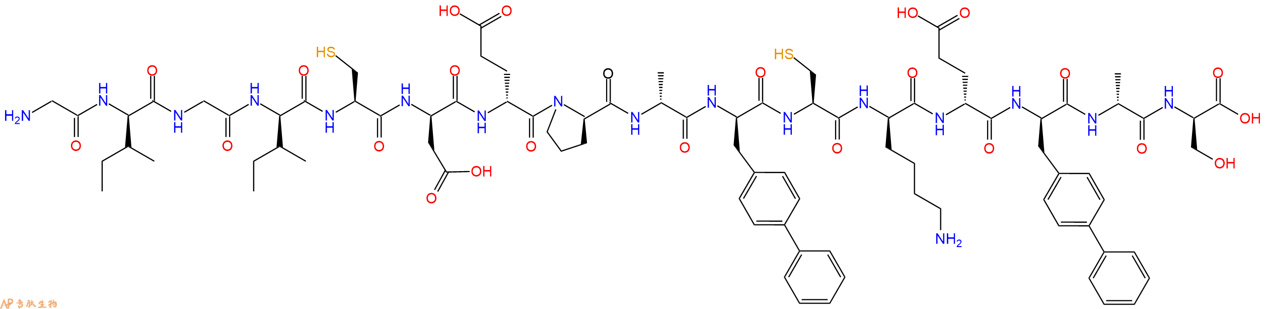 专肽生物产品H2N-Gly-DIle-Gly-DIle-Cys-DAsp-DGlu-DPro-DAla-DBip-Cys-DLys-DGlu-DBip-DAla-DSer-OH