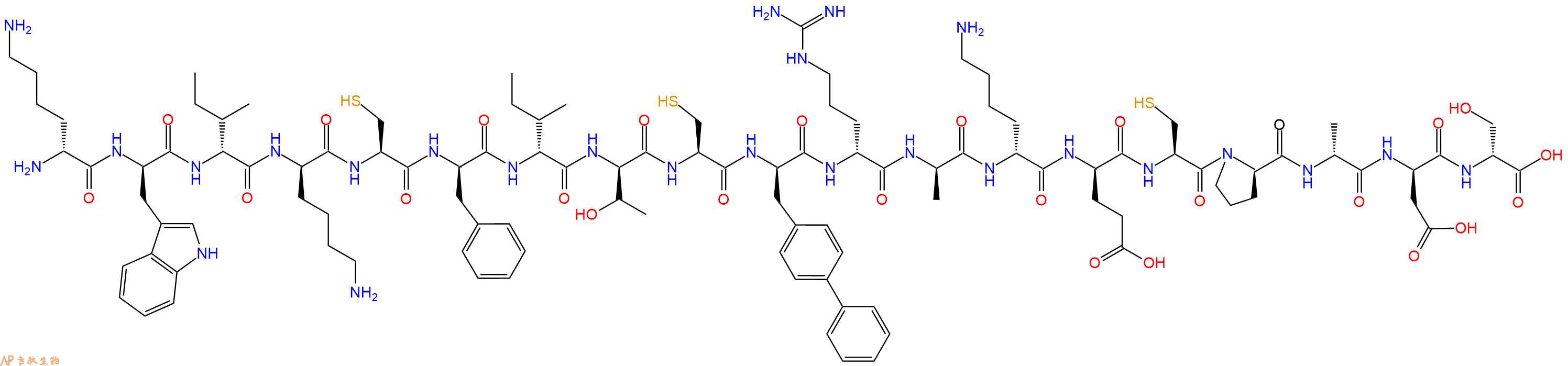 专肽生物产品H2N-DLys-DTrp-DIle-DLys-Cys-DPhe-DIle-DThr-Cys-DBip-DArg-DAla-DLys-DGlu-Cys-DPro-DAla-DAsp-DSer-OH