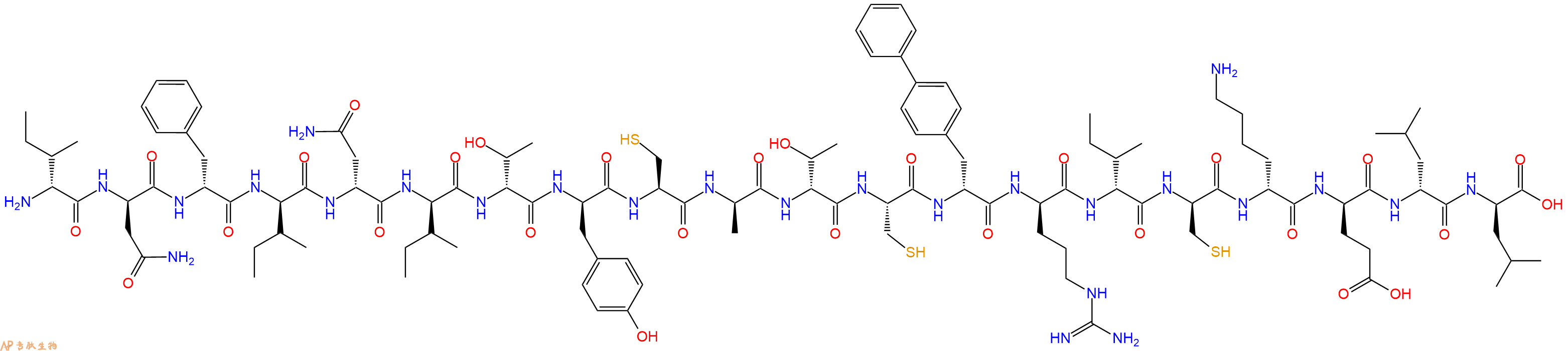 专肽生物产品H2N-DIle-DAsn-DPhe-DIle-DAsn-DIle-DThr-DTyr-Cys-DAla-DThr-Cys-DBip-DArg-DIle-DCys-DLys-DGlu-DLeu-DLeu-OH