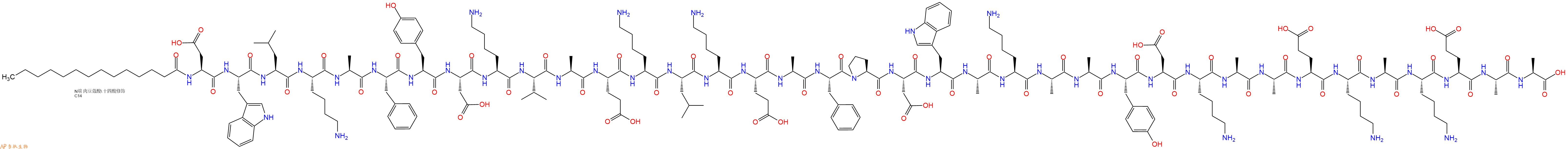 专肽生物产品Myristicacid-Asp-Trp-Leu-Lys-Ala-Phe-Tyr-Asp-Lys-Val-Ala-Glu-Lys-Leu-Lys-Glu-Ala-Phe-Pro-Asp-Trp-Ala-Lys-Ala-Ala-Tyr-Asp-Lys-Ala-Ala-Glu-Lys-Ala-Lys-Glu-Ala-Ala-OH
