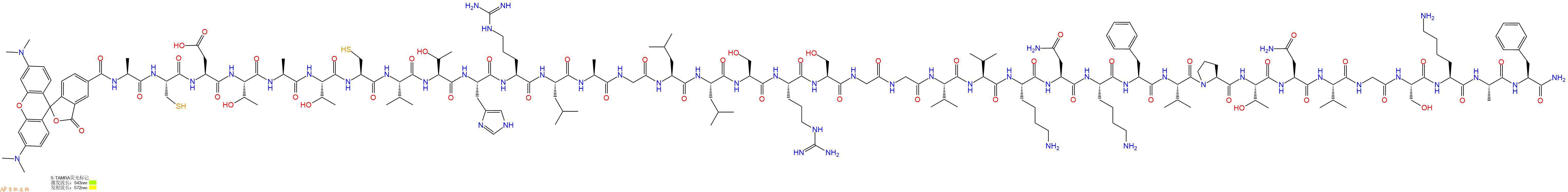 专肽生物产品5TAMRA-Ala-Cys-Asp-Thr-Ala-Thr-Cys-Val-Thr-His-Arg-Leu-Ala-Gly-Leu-Leu-Ser-Arg-Ser-Gly-Gly-Val-Val-Lys-Asn-Lys-Phe-Val-Pro-Thr-Asn-Val-Gly-Ser-Lys-Ala-Phe-CONH2