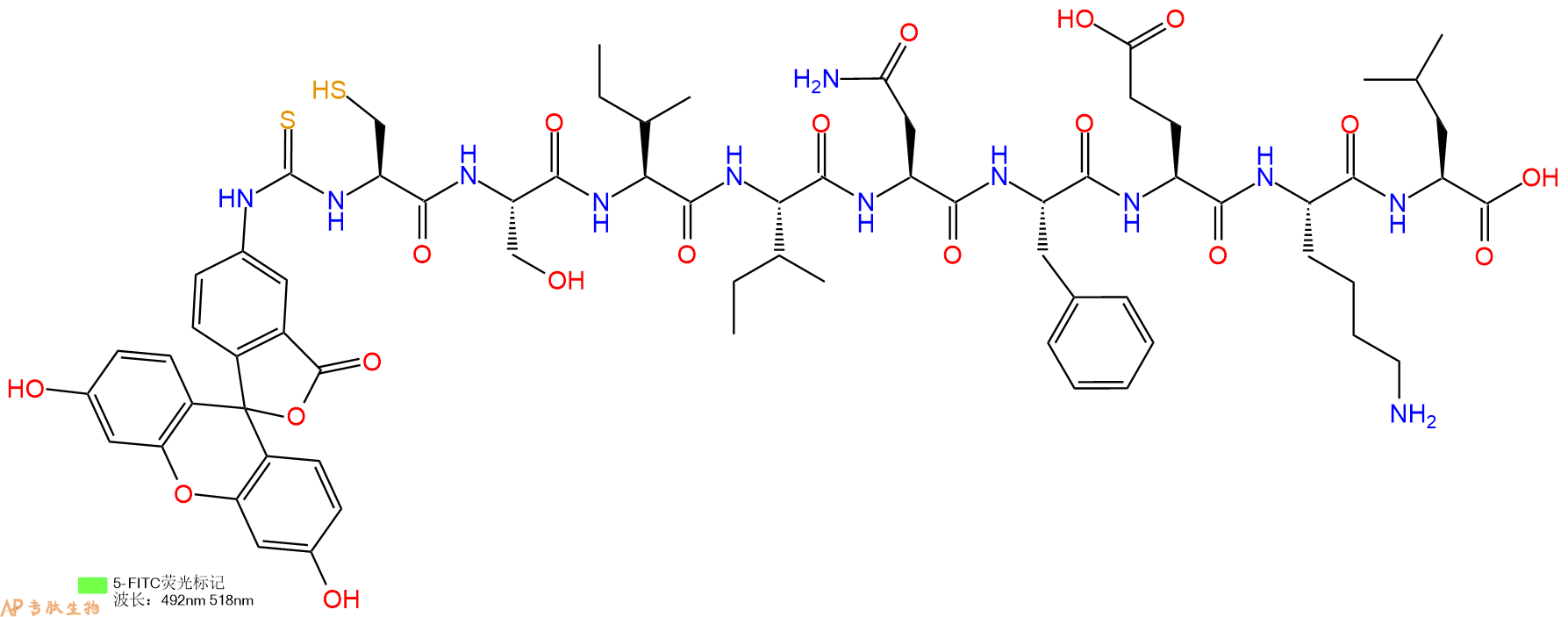 专肽生物产品5FITC-Cys-Ser-Ile-Ile-Asn-Phe-Glu-Lys-Leu-OH