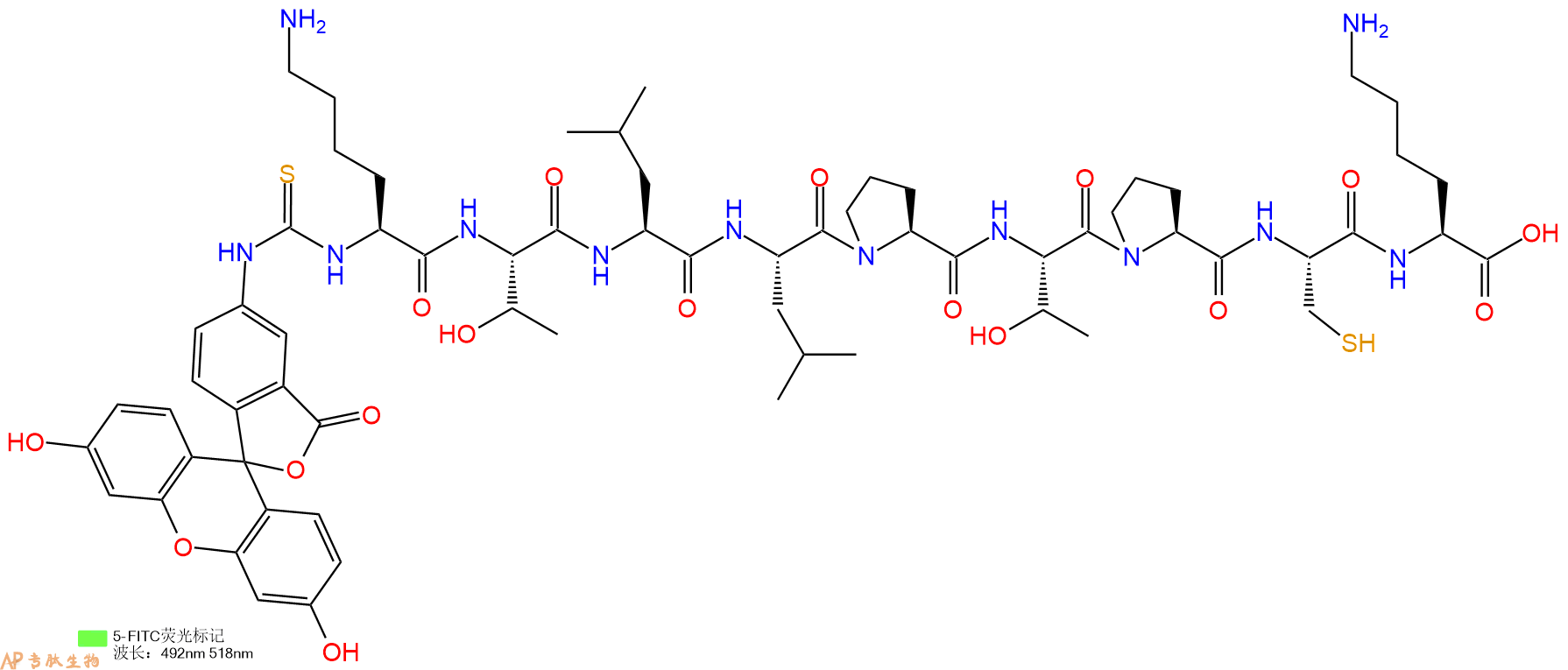专肽生物产品5FITC-Lys-Thr-Leu-Leu-Pro-Thr-Pro-Cys-Lys-OH