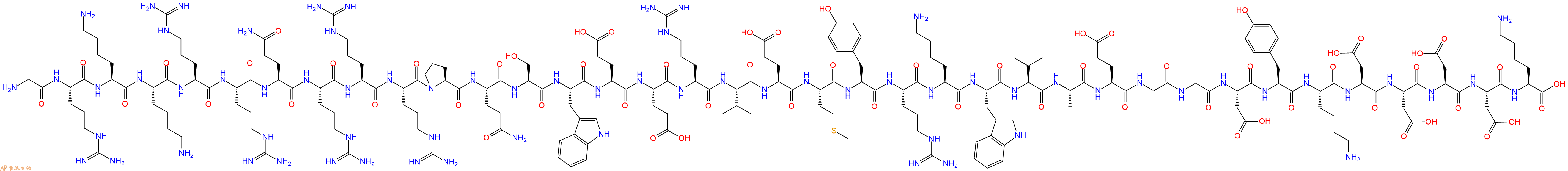 专肽生物产品H2N-Gly-Arg-Lys-Lys-Arg-Arg-Gln-Arg-Arg-Arg-Pro-Gln-Ser-Trp-Glu-Glu-Arg-Val-Glu-Met-Tyr-Arg-Lys-Trp-Val-Ala-Glu-Gly-Gly-Asp-Tyr-Lys-Asp-Asp-Asp-Asp-Lys-OH