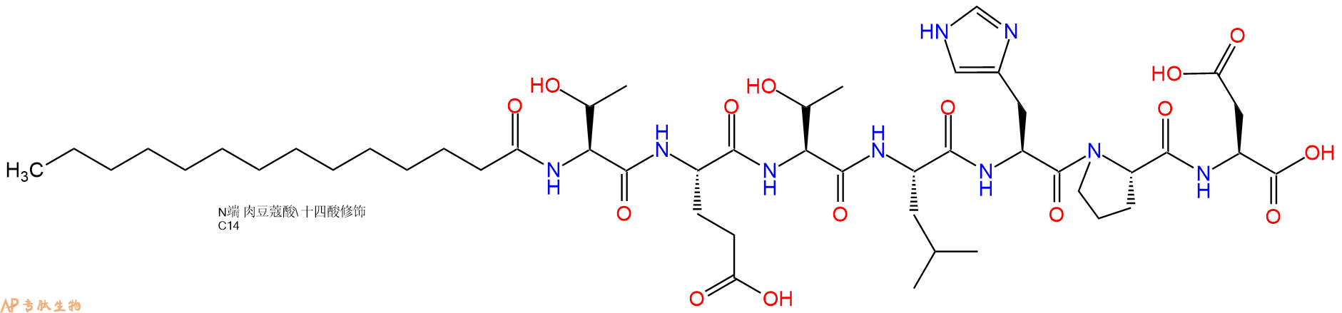 专肽生物产品Myristicacid-Thr-Glu-Thr-Leu-His-Pro-Asp-OH