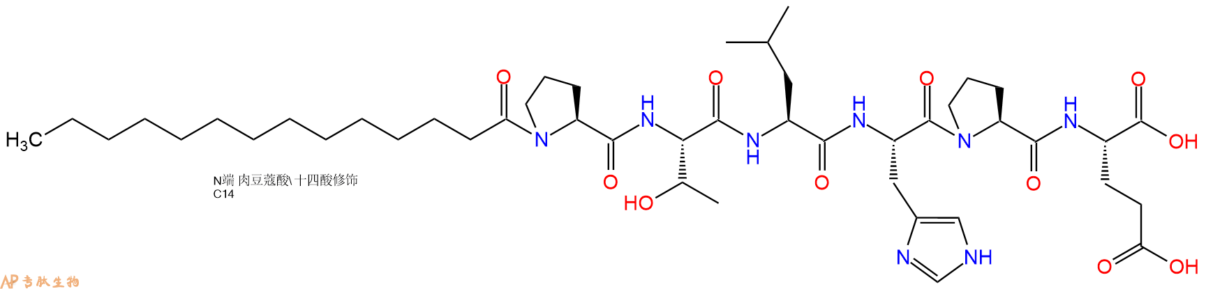专肽生物产品Myristicacid-Pro-Thr-Leu-His-Pro-Glu-OH