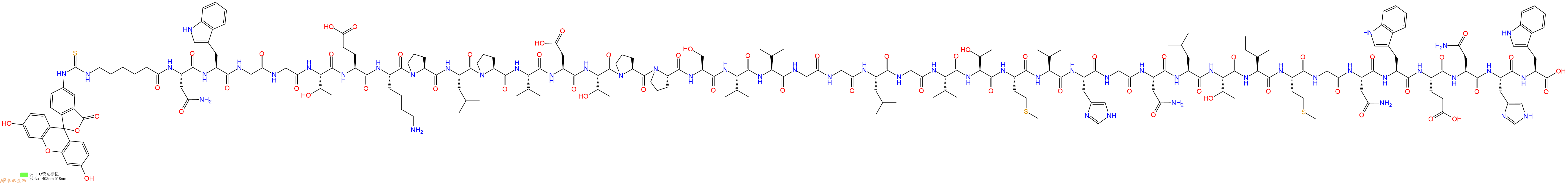 专肽生物产品5FITC-Ahx-Asn-Trp-Gly-Gly-Thr-Glu-Lys-Pro-Leu-Pro-Val-Asp-Thr-Pro-Pro-Ser-Val-Val-Gly-Gly-Leu-Gly-Val-Thr-Met-Val-His-Gly-Asn-Leu-Thr-Ile-Met-Gly-Asn-Trp-Glu-Asn-His-Trp-OH